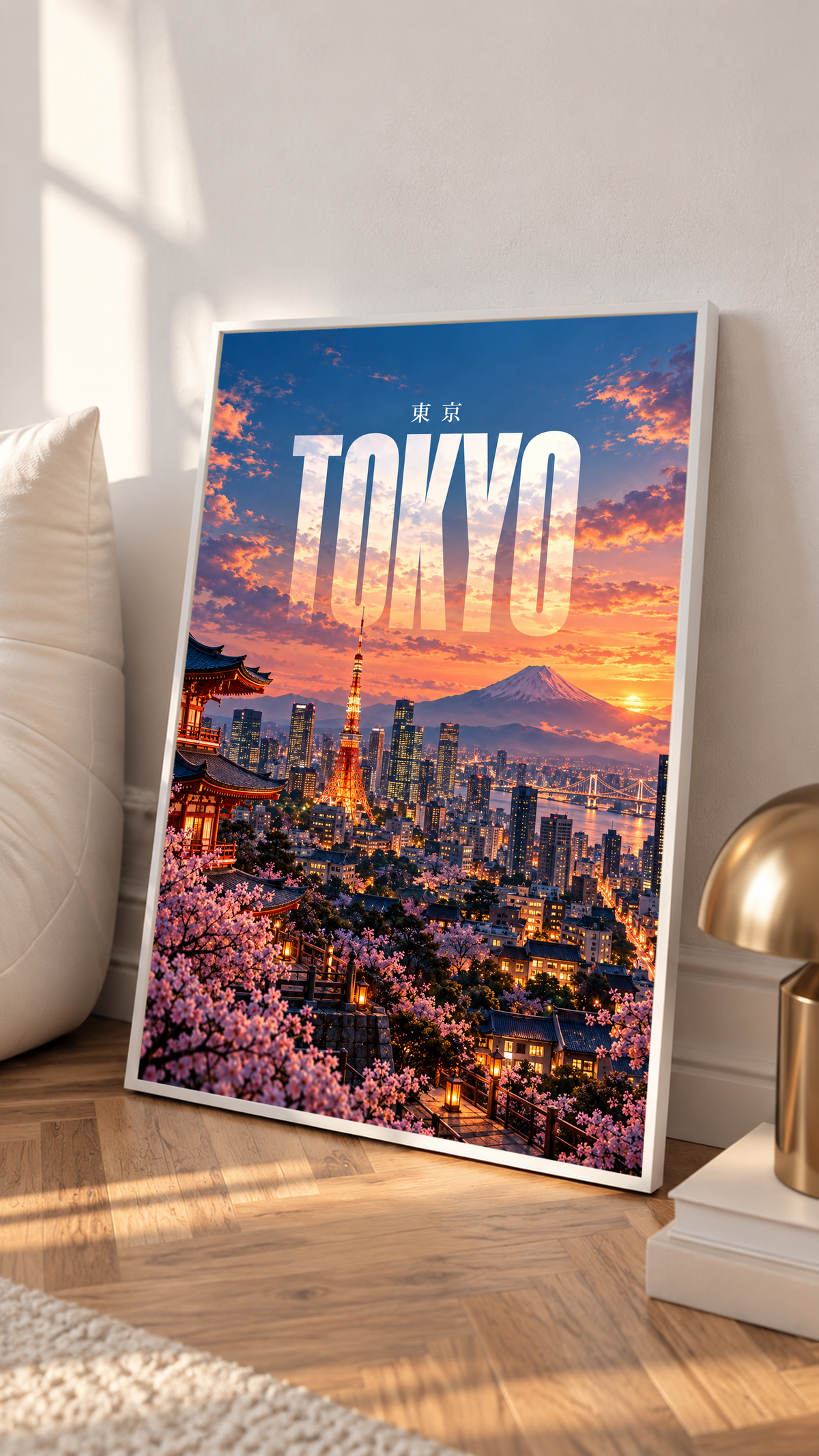 Framed Tokyo skyline poster standing against a wall, illuminated tower, cherry blossoms, Mount Fuji