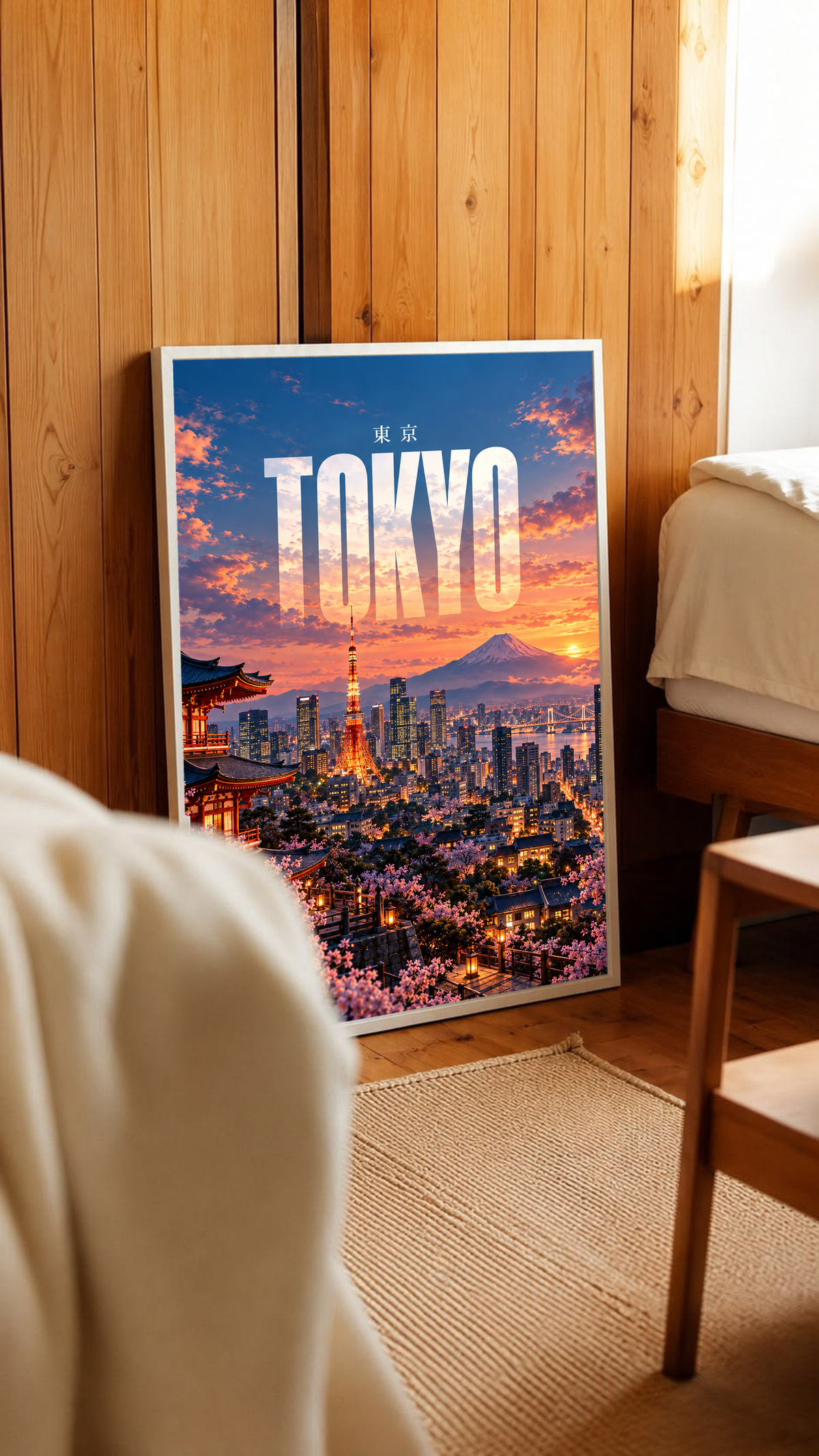 Framed Tokyo skyline poster in a wooden room, illuminated tower, cherry blossoms, Mount Fuji