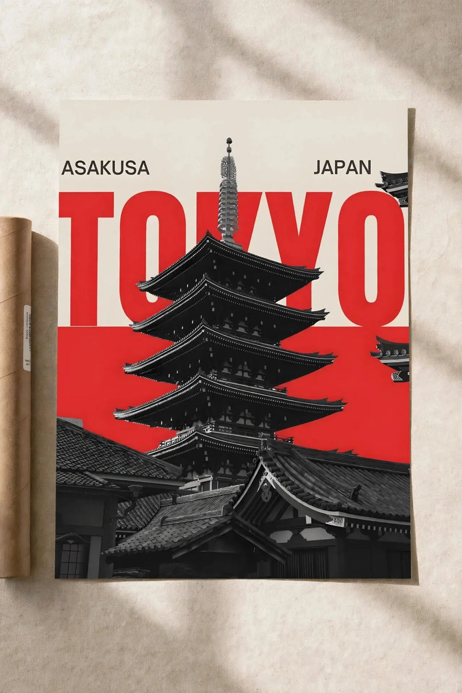 Tokyo poster print with red background, large TOKYO text, and black pagoda illustration