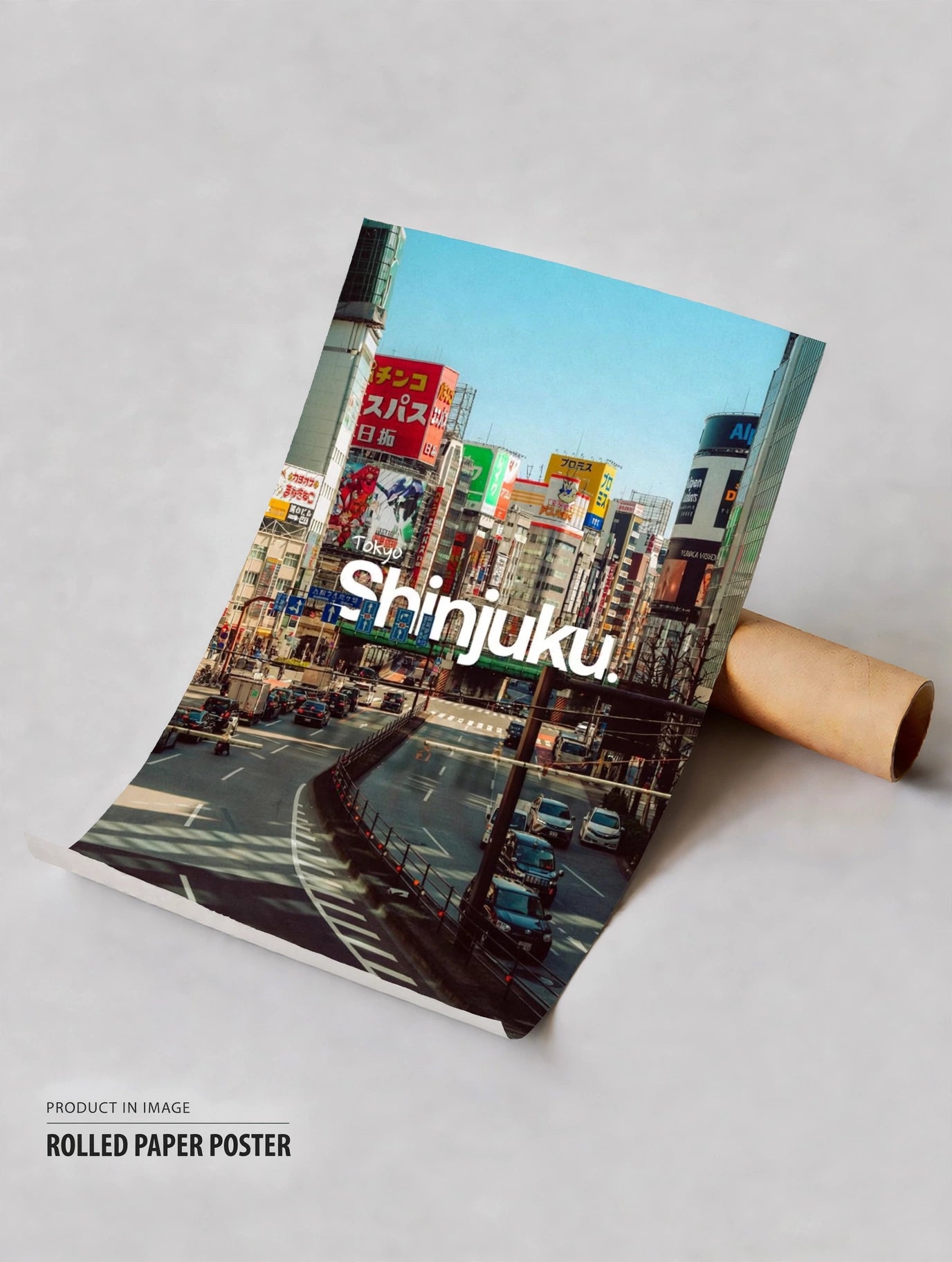 Tokyo travel poster, rolled skyline print with “Shinjuku” text
