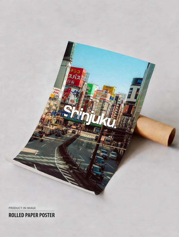 Tokyo travel poster, rolled skyline print with “Shinjuku” text