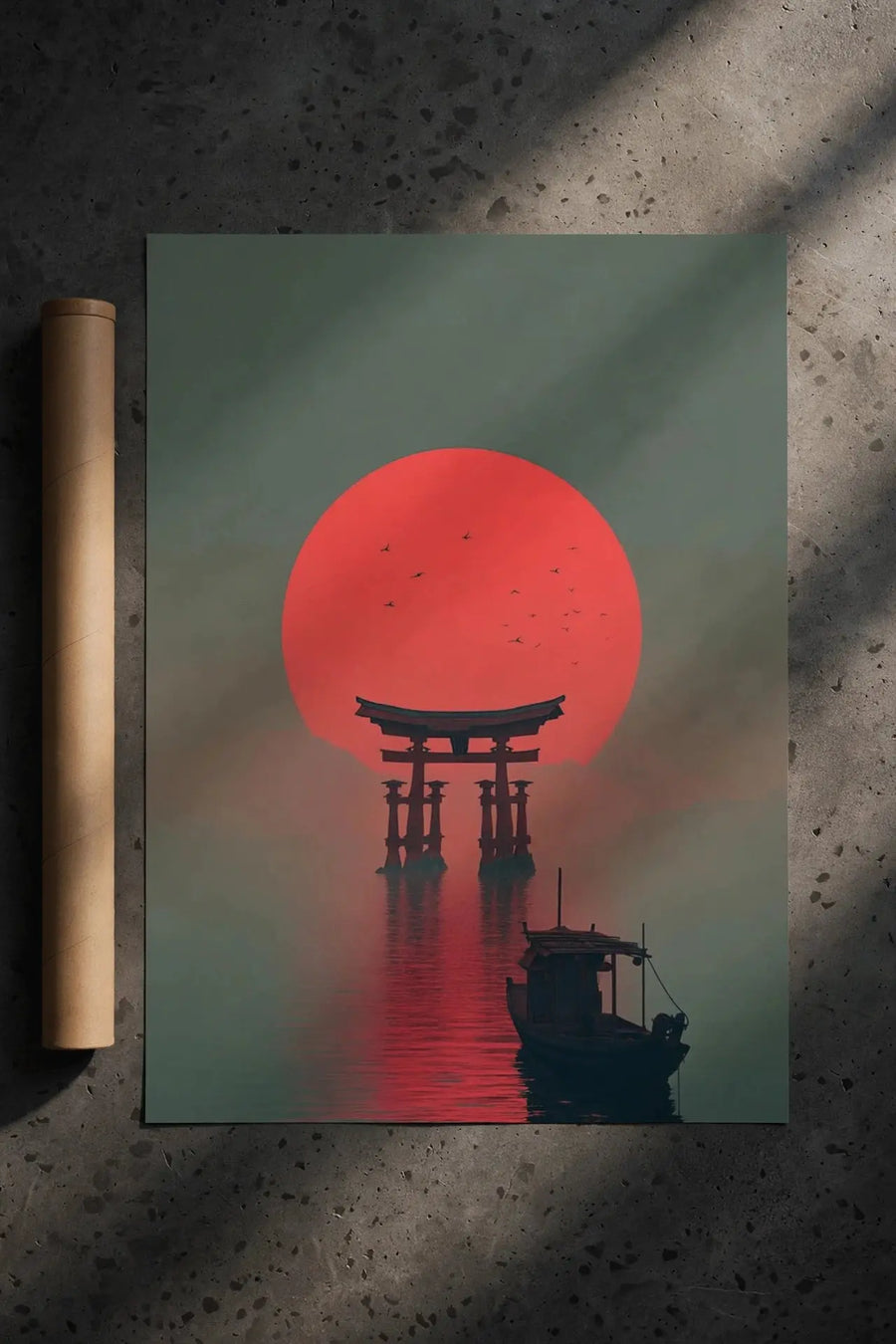 Red torii poster print with large red sun over silhouetted shrine