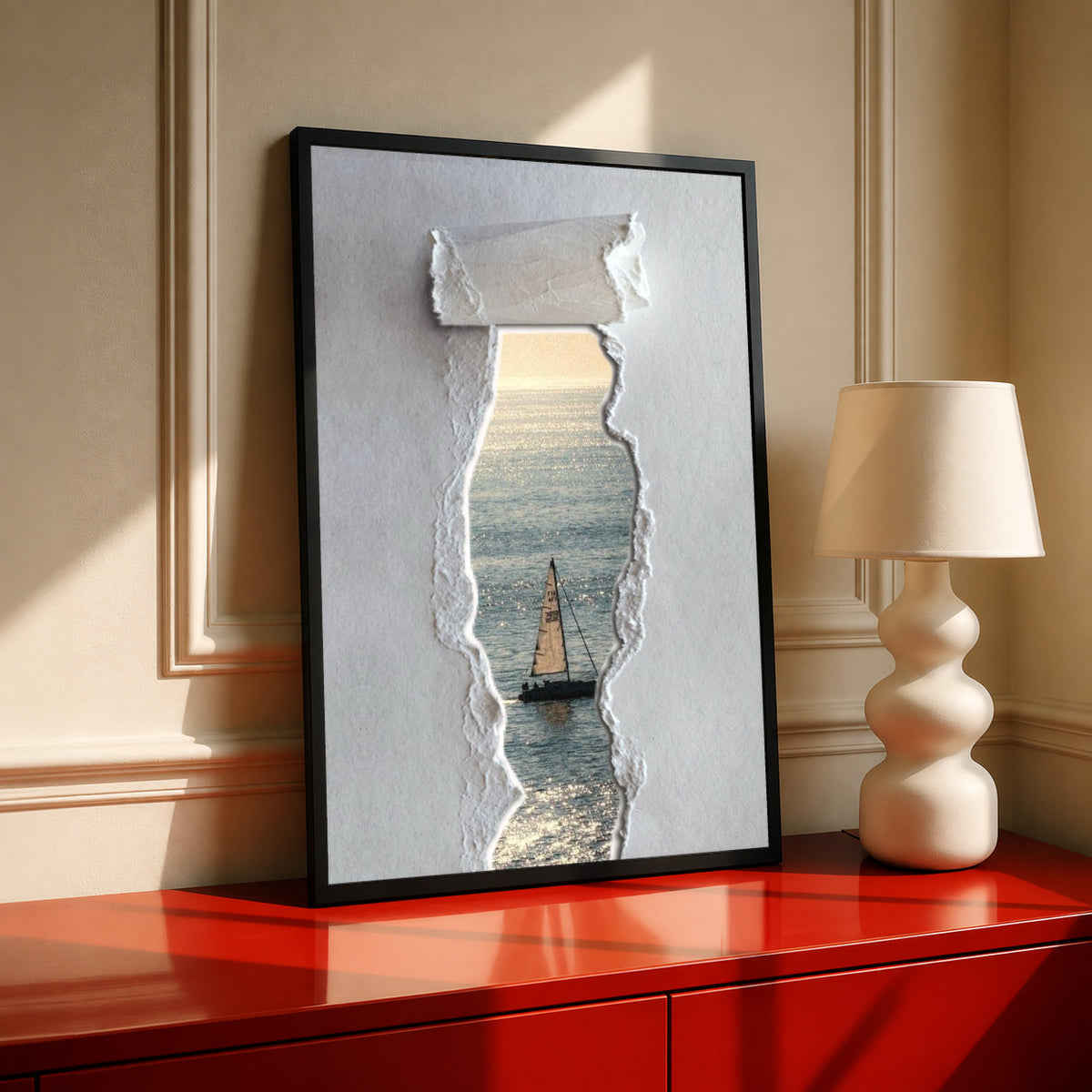 A sailboat at sea seen through a printed torn-paper opening on a grey ground in a black frame on a red console beside a sculptural cream lamp