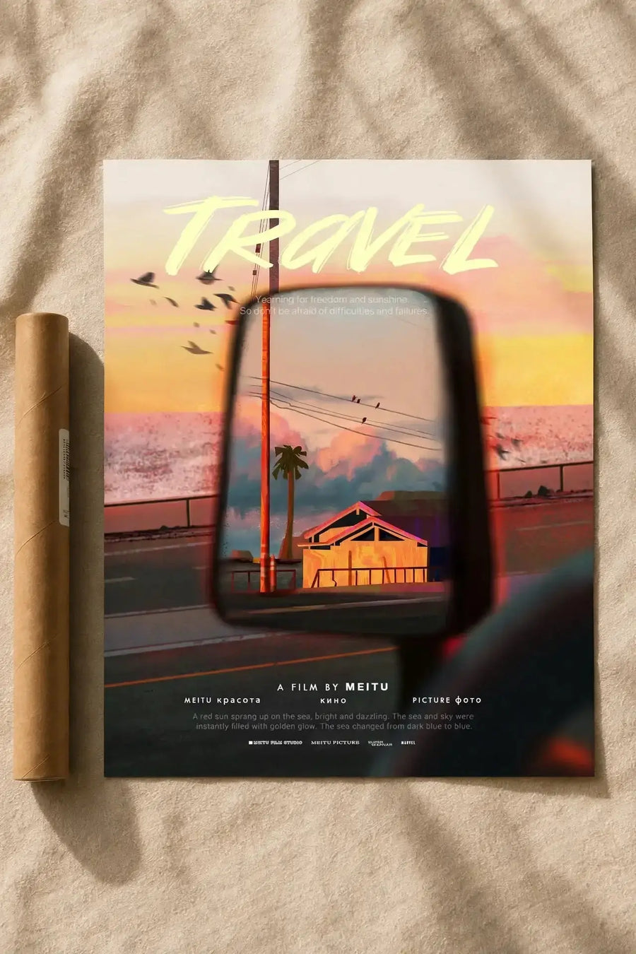 Vintage travel poster print: TRAVEL title over sunset landscape