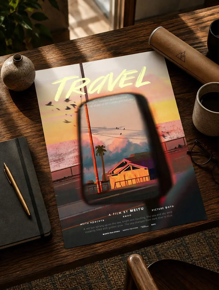 Vintage travel poster print on desk with TRAVEL title and framed sunset scene