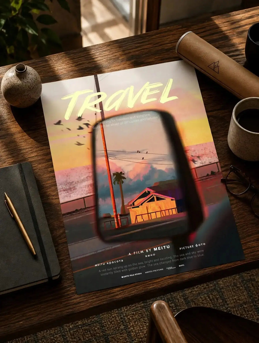 Vintage travel poster print on desk with TRAVEL title and framed sunset scene