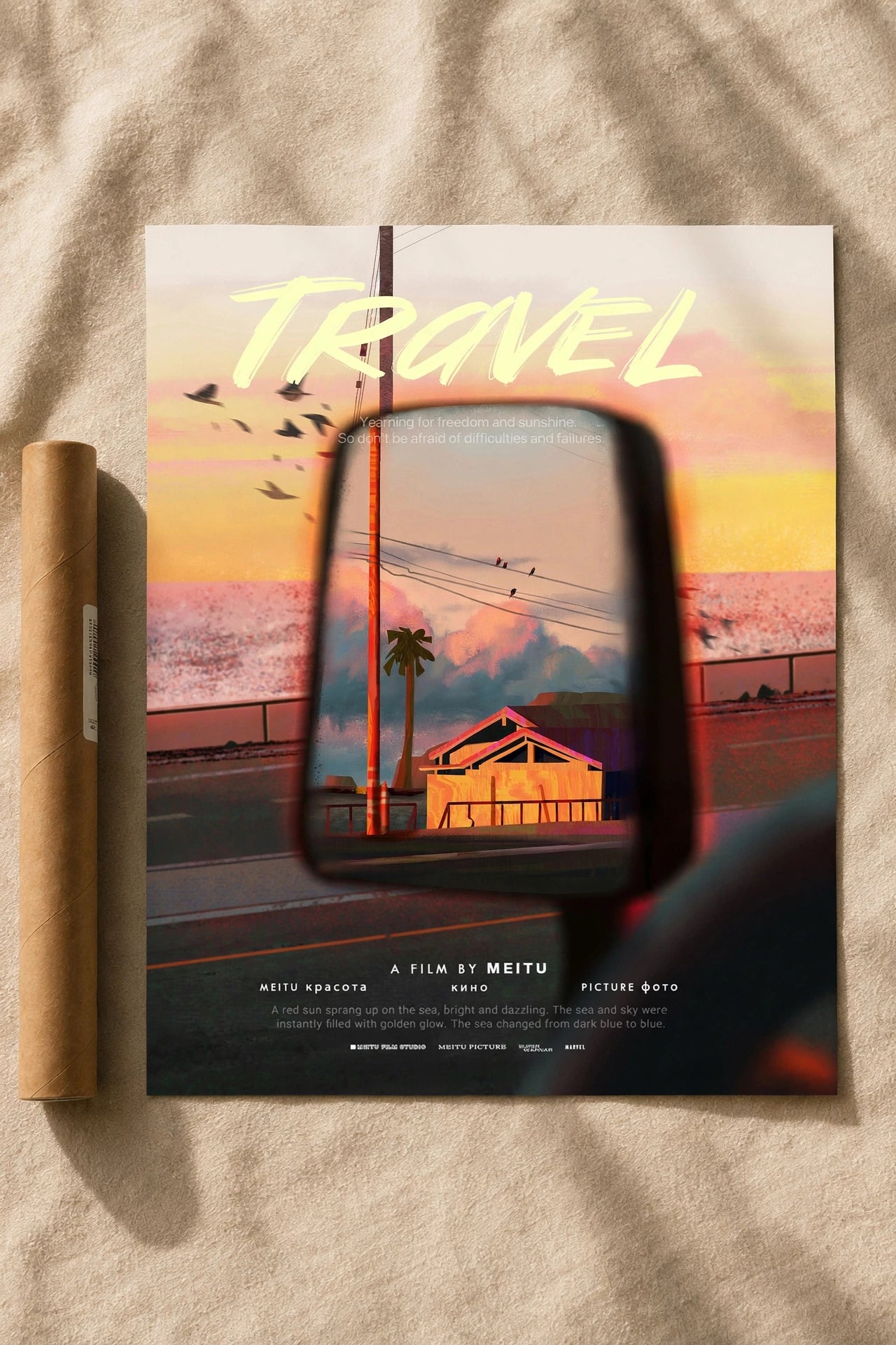 Vintage travel poster print with sunset landscape and palm trees, 'TRAVEL' title.