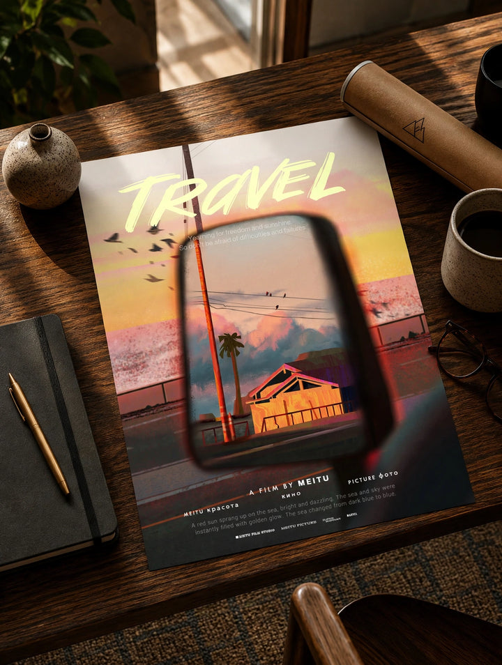 Vintage travel poster with warm sunset sky, palm trees, and 'TRAVEL' script title.