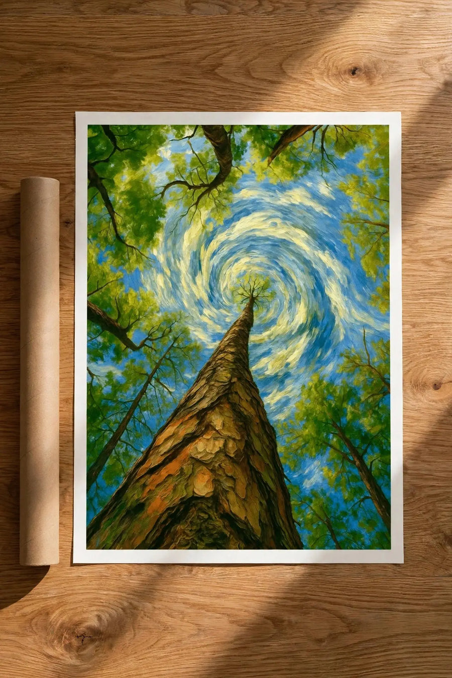 Forest wall art poster with tall tree and swirling sky above green canopy