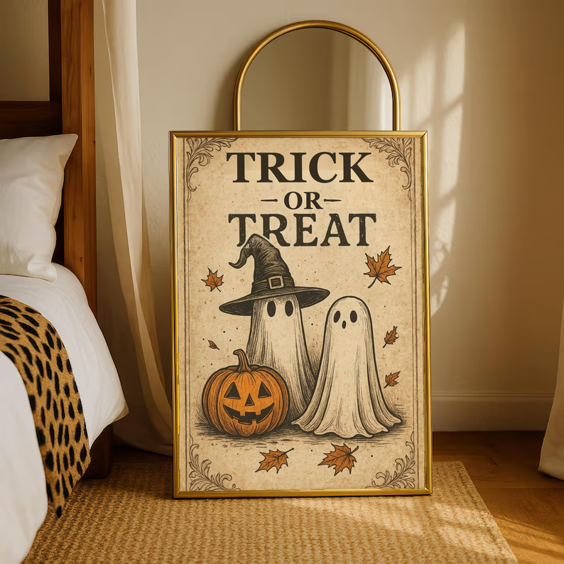 Trick-or-treat Halloween poster with ghost, witch hat, jack-o’-lantern, framed in gold border