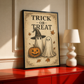 Trick-or-treat Halloween poster with ghost, witch hat, jack-o’-lantern, ornate beige border