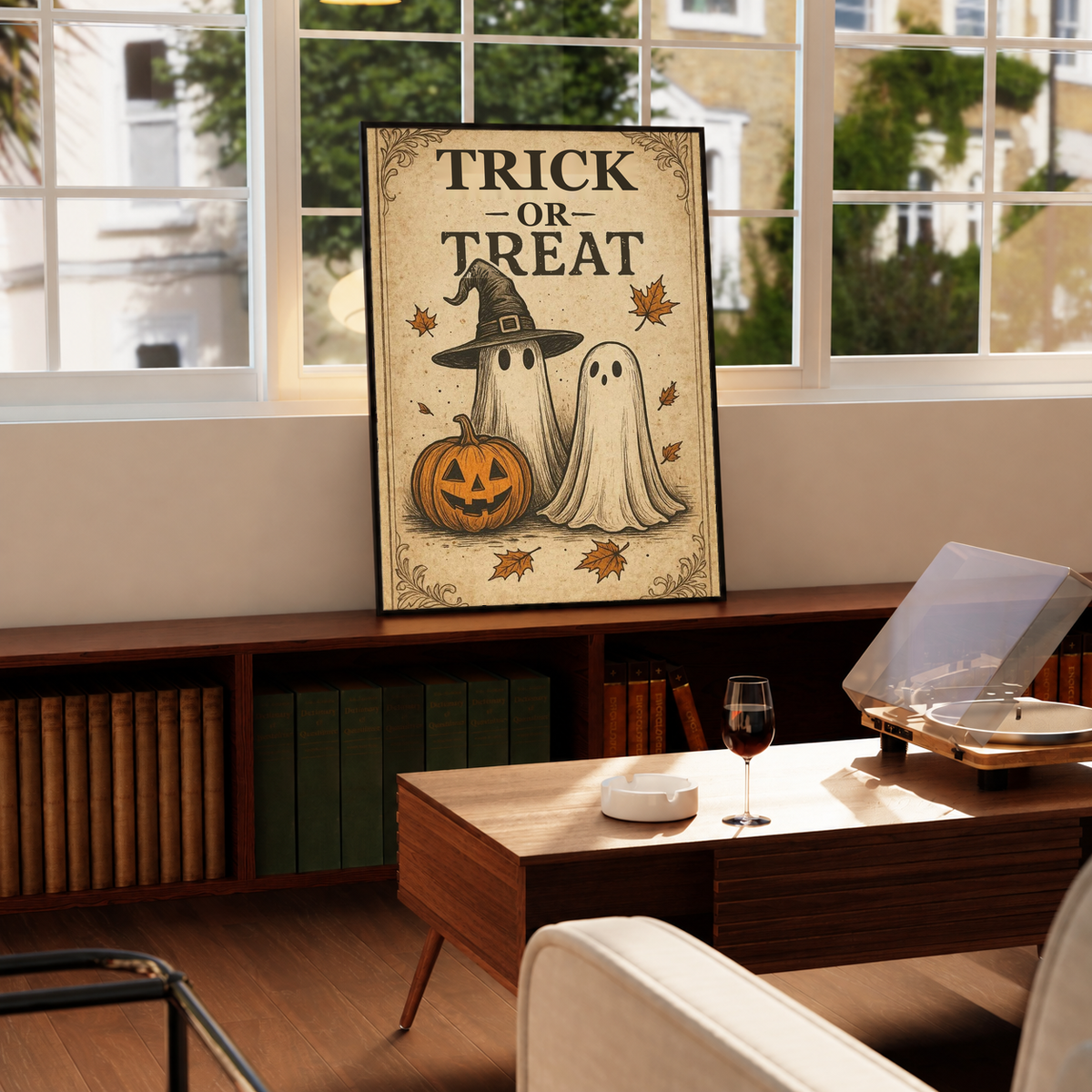 Trick-or-treat Halloween poster with ghost figures and witch hat, ornate beige border