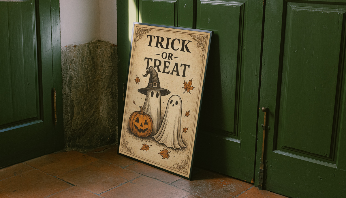 Trick-or-treat Halloween poster leaning against green doors, ghost, witch hat, jack-o’-lantern