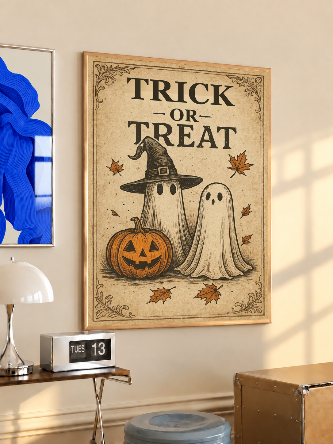 Trick-or-treat Halloween poster in ornate beige border with ghost, witch hat, pumpkin