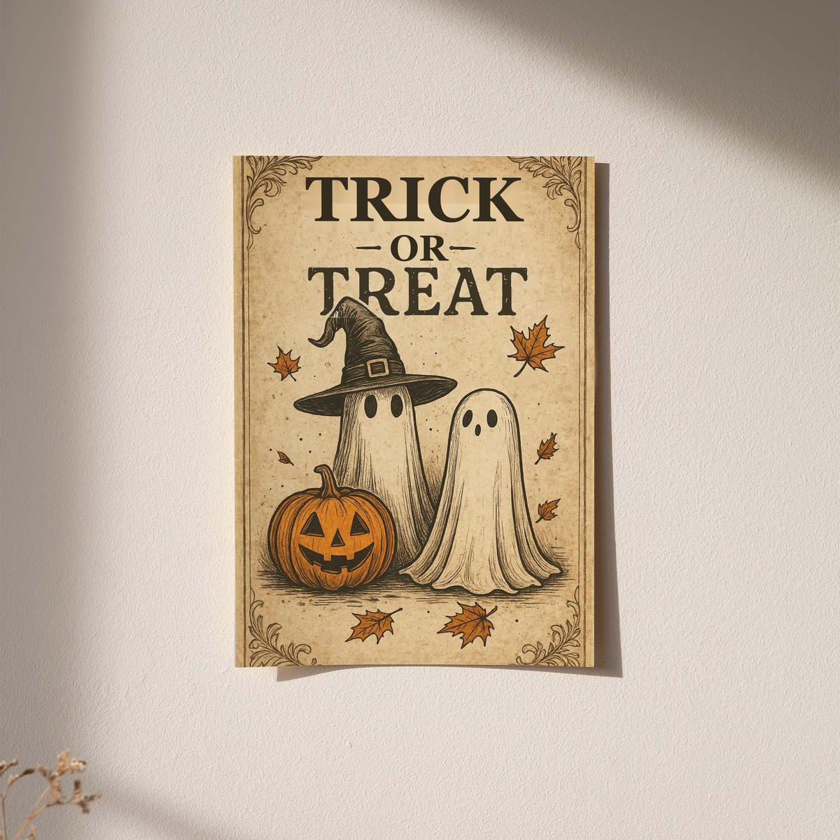 Trick-or-treat Halloween poster showing ghost, witch hat, jack-o’-lantern, ornate beige border