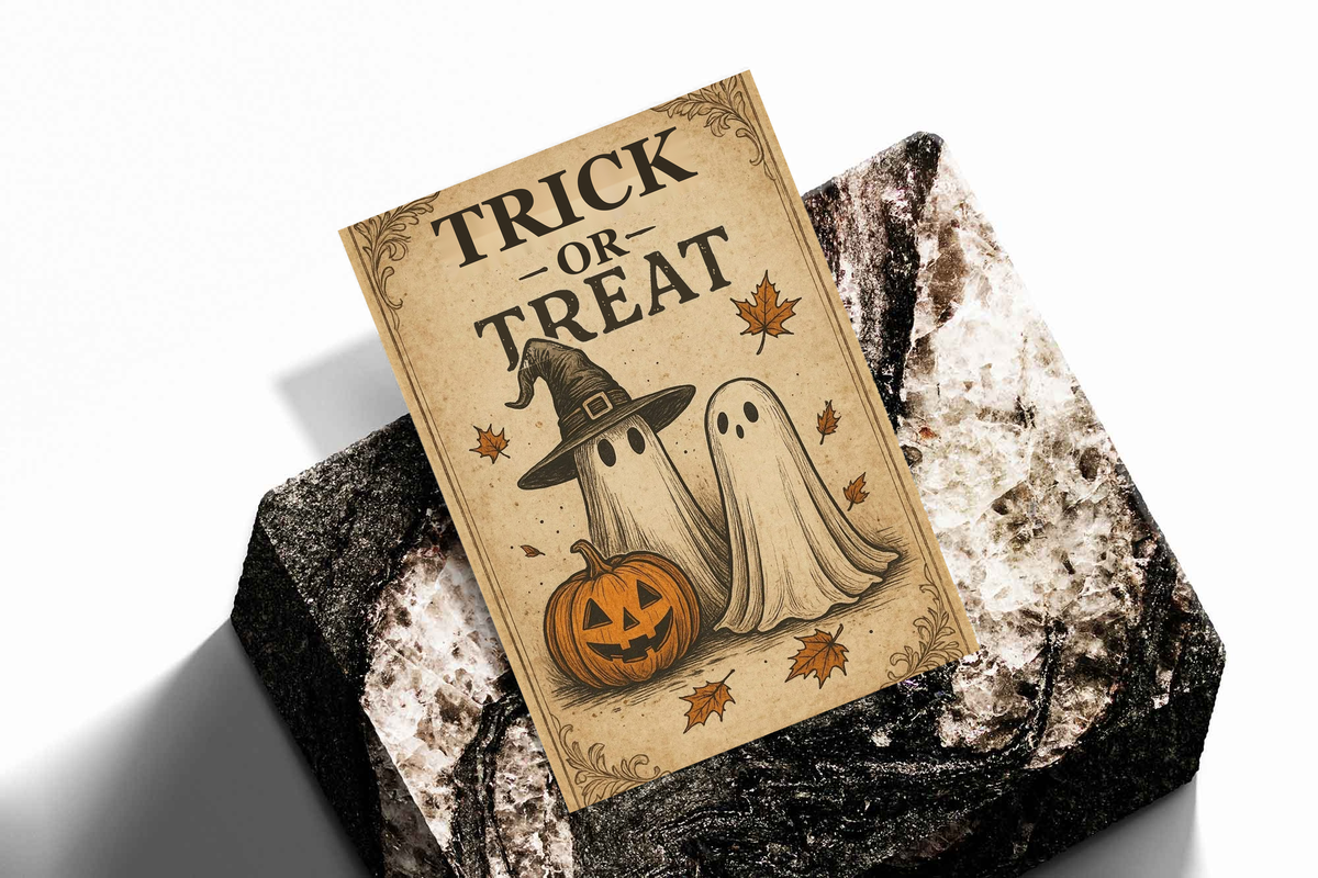 Trick-or-treat Halloween poster leaning on textured rocks, ghost, witch hat, ornate beige border