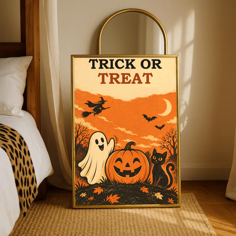 Standing Halloween poster with “Trick or Treat,” ghost, jack-o’-lantern pumpkin and black cat