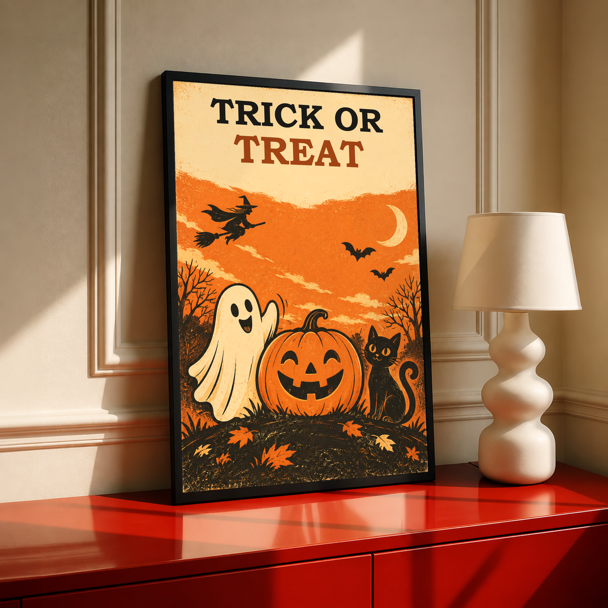 Black-framed Halloween poster with “Trick or Treat,” ghost, jack-o’-lantern pumpkin, cat