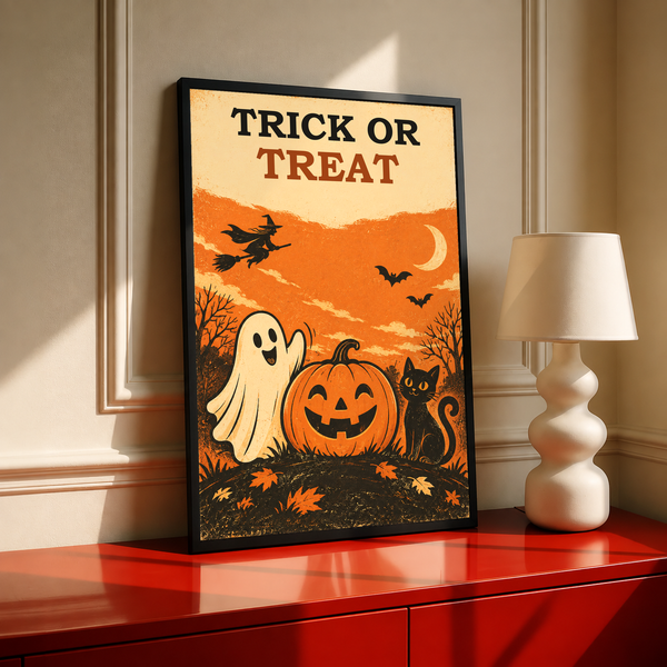 Black-framed Halloween poster with “Trick or Treat,” ghost, jack-o’-lantern pumpkin, cat