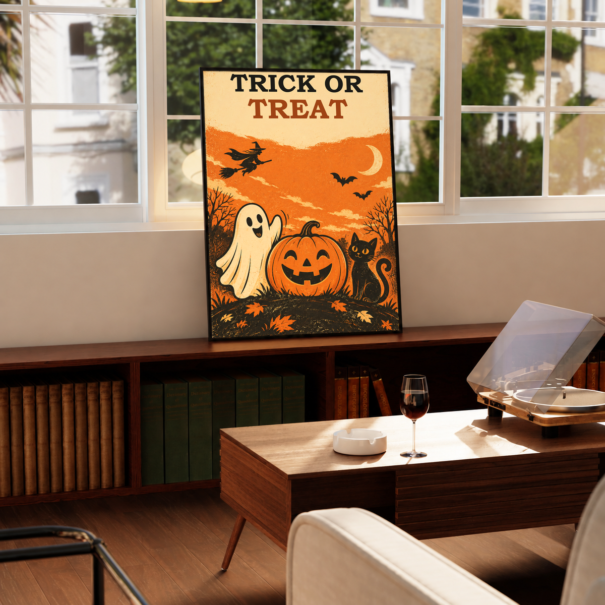 Framed Halloween poster reading “Trick or Treat” with ghost, jack-o’-lantern, black cat