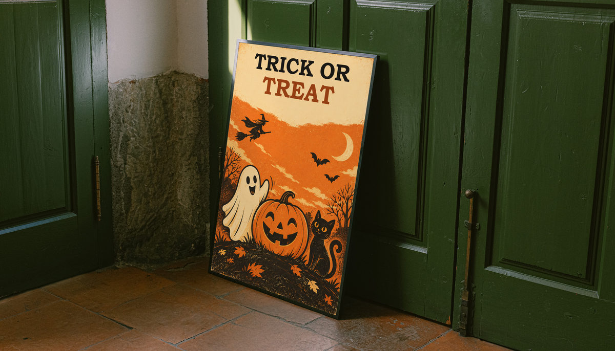 Framed Halloween poster on floor with “Trick or Treat,” ghost, jack-o’-lantern and cat