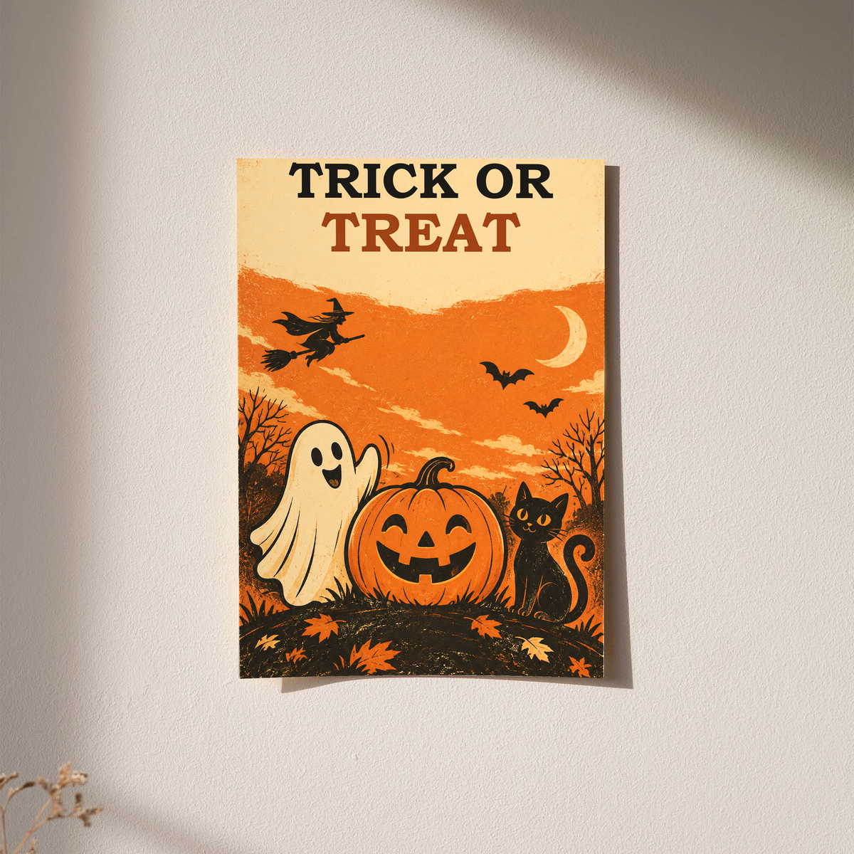 Wall-hung Halloween poster with “Trick or Treat” text, ghost, jack-o’-lantern and cat
