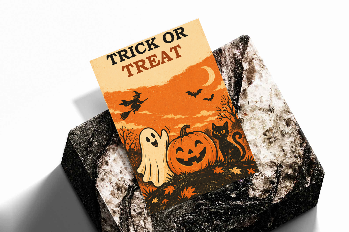 Halloween poster on textured surface with “Trick or Treat,” ghost, jack-o’-lantern pumpkin