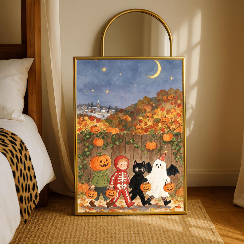 Gold-framed Halloween art print with costumed children, pumpkins, black cat, and ghost