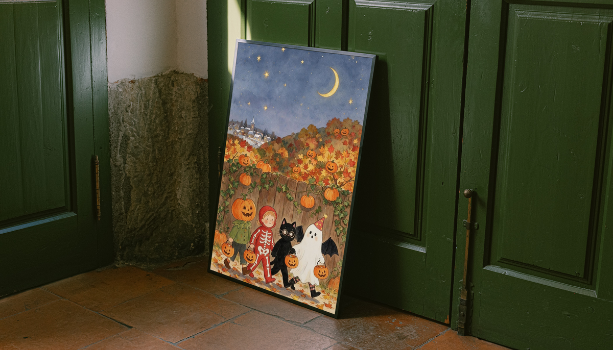 Framed Halloween art print leaning on a surface, featuring costumed children and pumpkins
