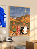 Framed Halloween art print with costumed children, pumpkins, and a night sky with moon