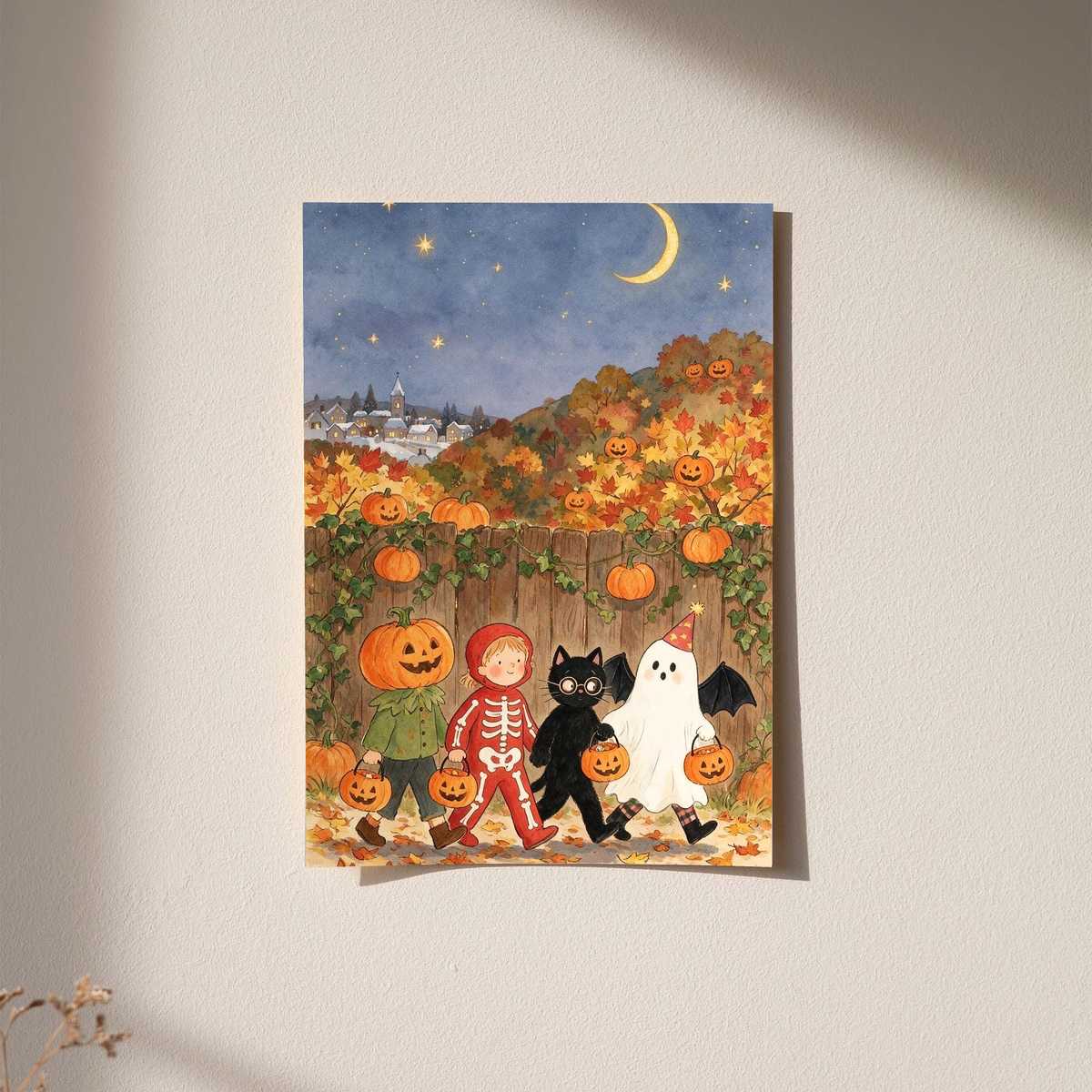 Wall-hanging Halloween art print with costumed children, pumpkins, and a moonlit sky