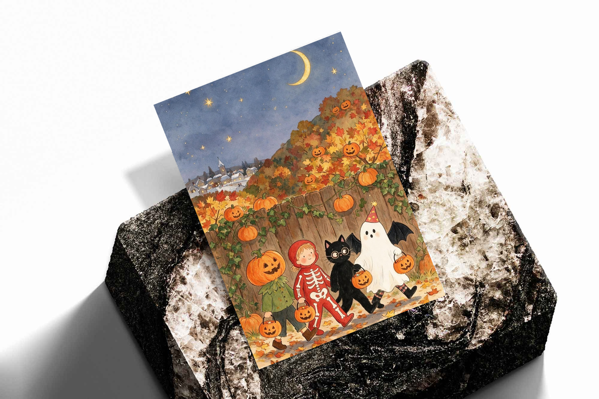 Halloween art print with costumed kids and pumpkins, set on a textured black and gray surface