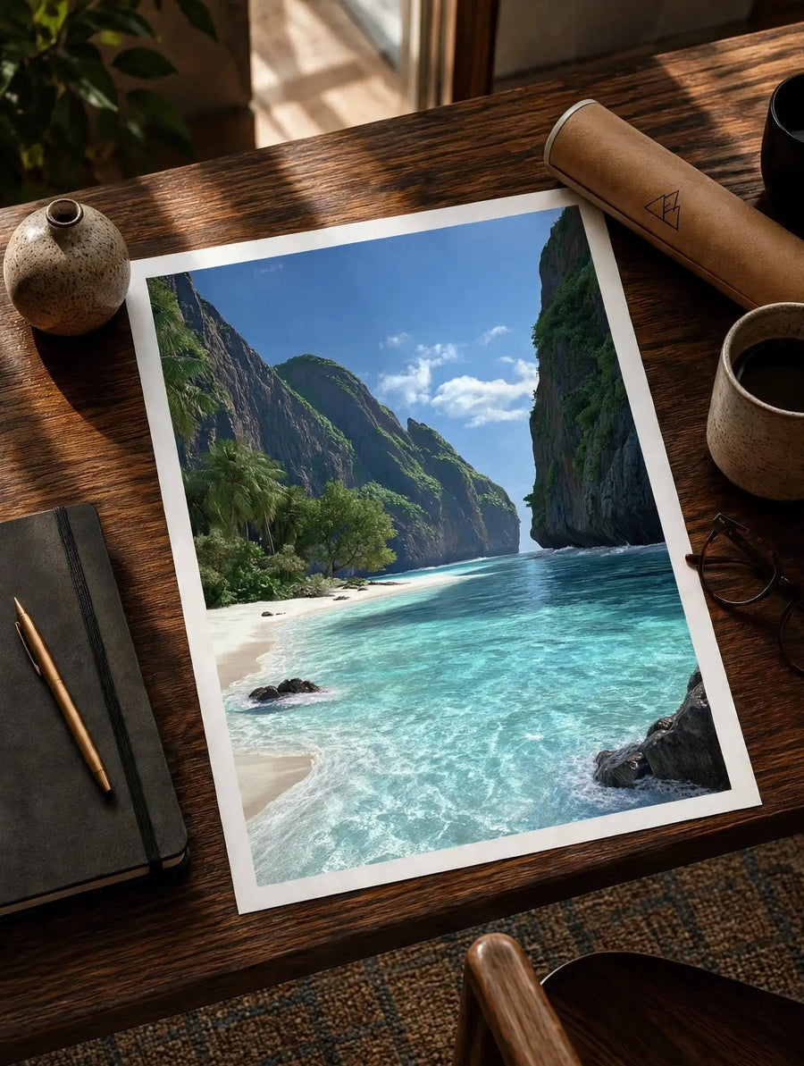 Framed coastal lagoon print with turquoise water, pale sand, and rocky mountain cliffs.