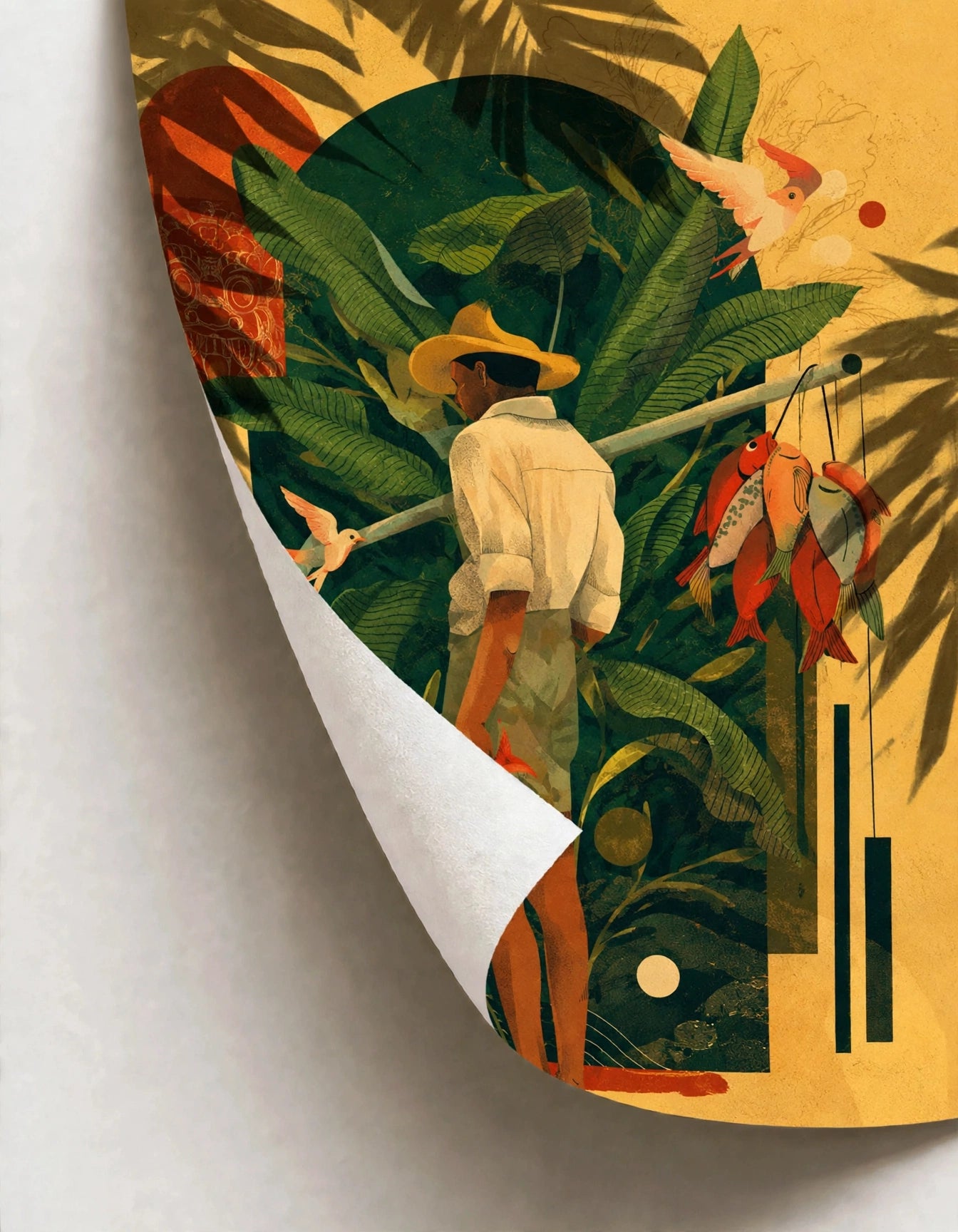 Curled paper poster with jungle foliage, tropical figure, birds, and dangling fruit