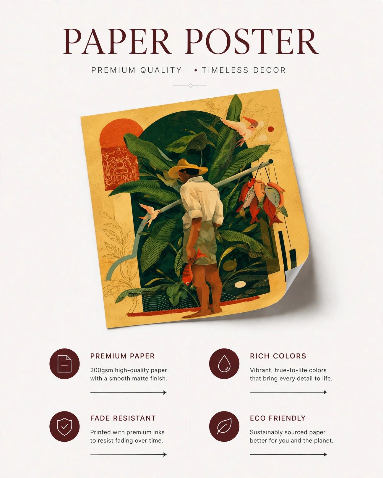 Paper poster of tropical figure artwork with person among green leaves and fruit