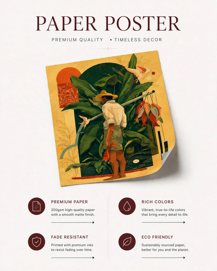 Paper poster of tropical figure artwork with person among green leaves and fruit