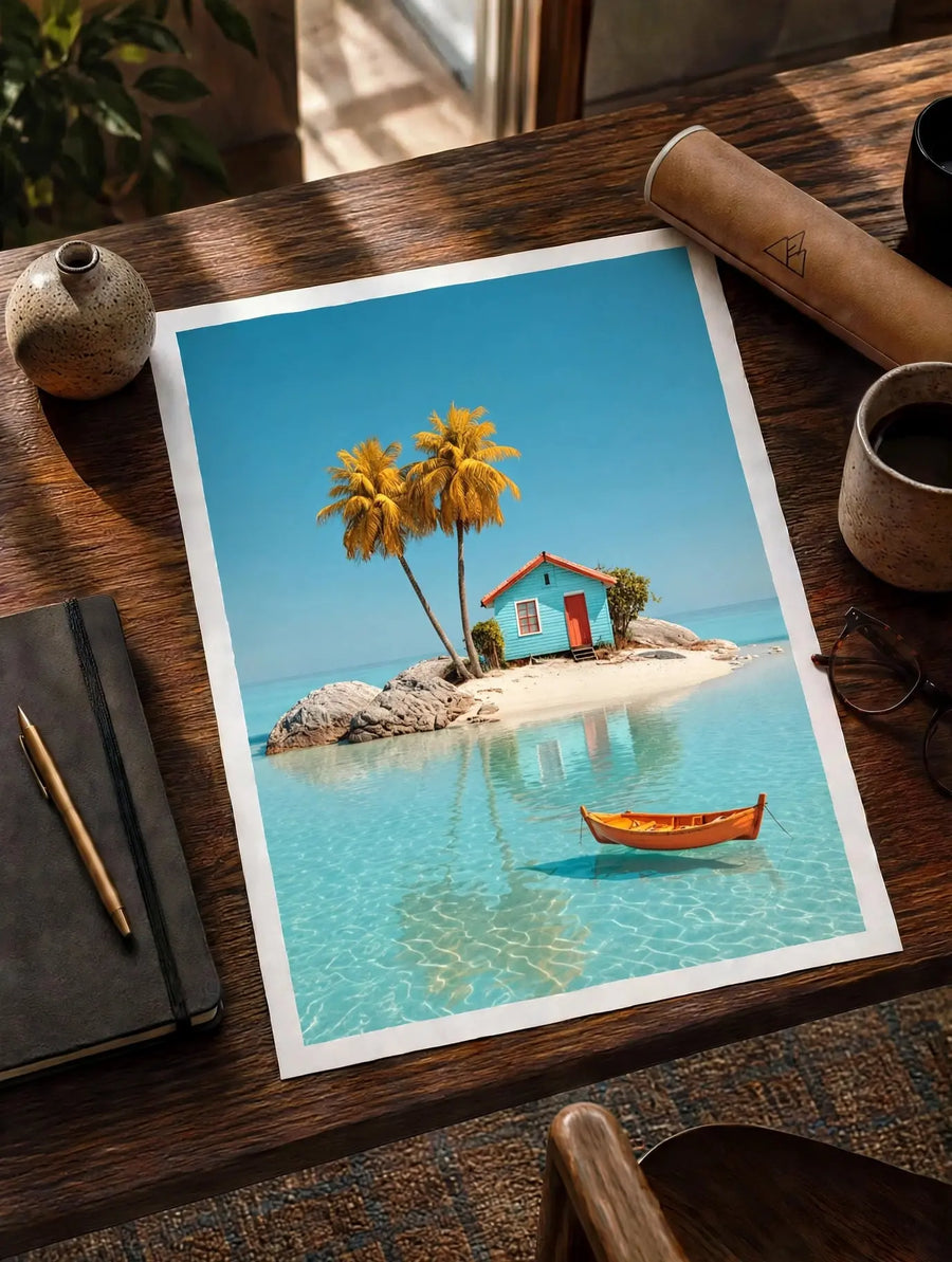 Tropical island print on tabletop, featuring palm trees, teal cabin, and orange canoe