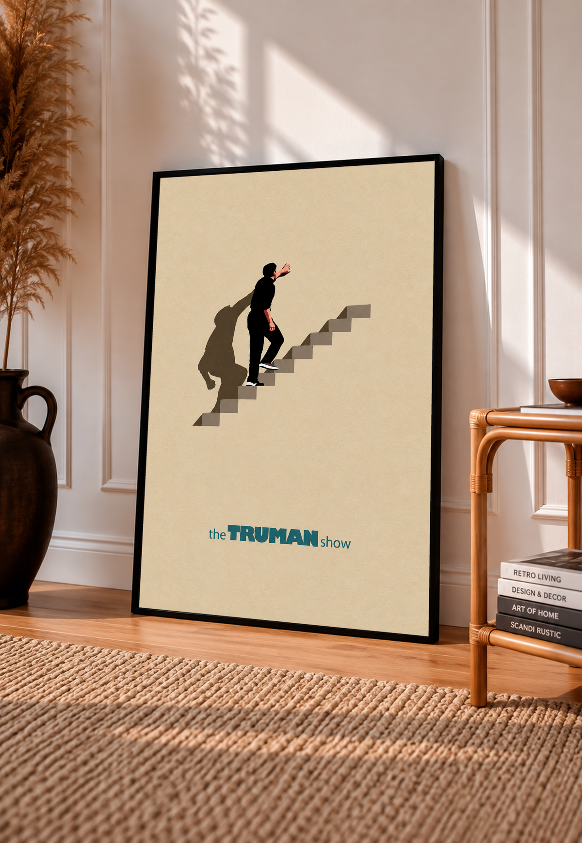 Black-framed staircase poster with lone figure on steps, beige print