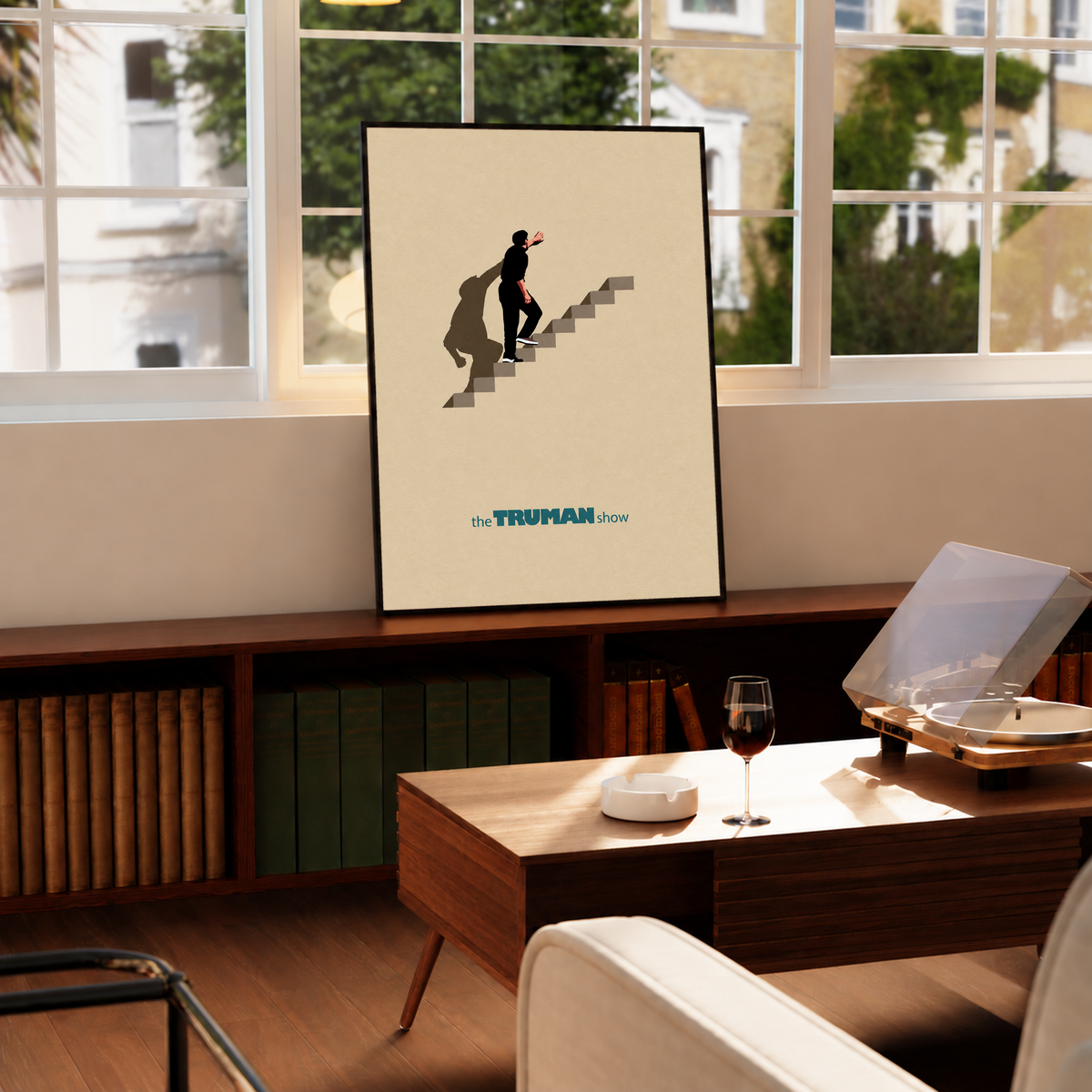 Staircase poster with lone figure on steps on table, beige print in black frame