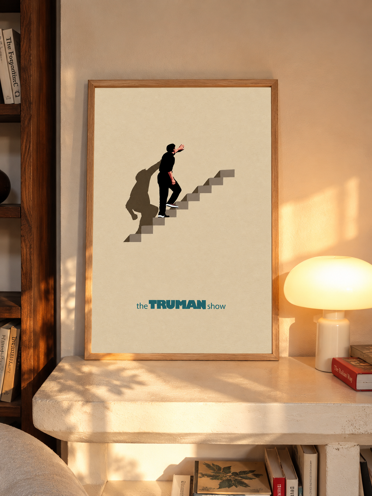 Oak-framed staircase poster with lone figure on steps, warm beige background