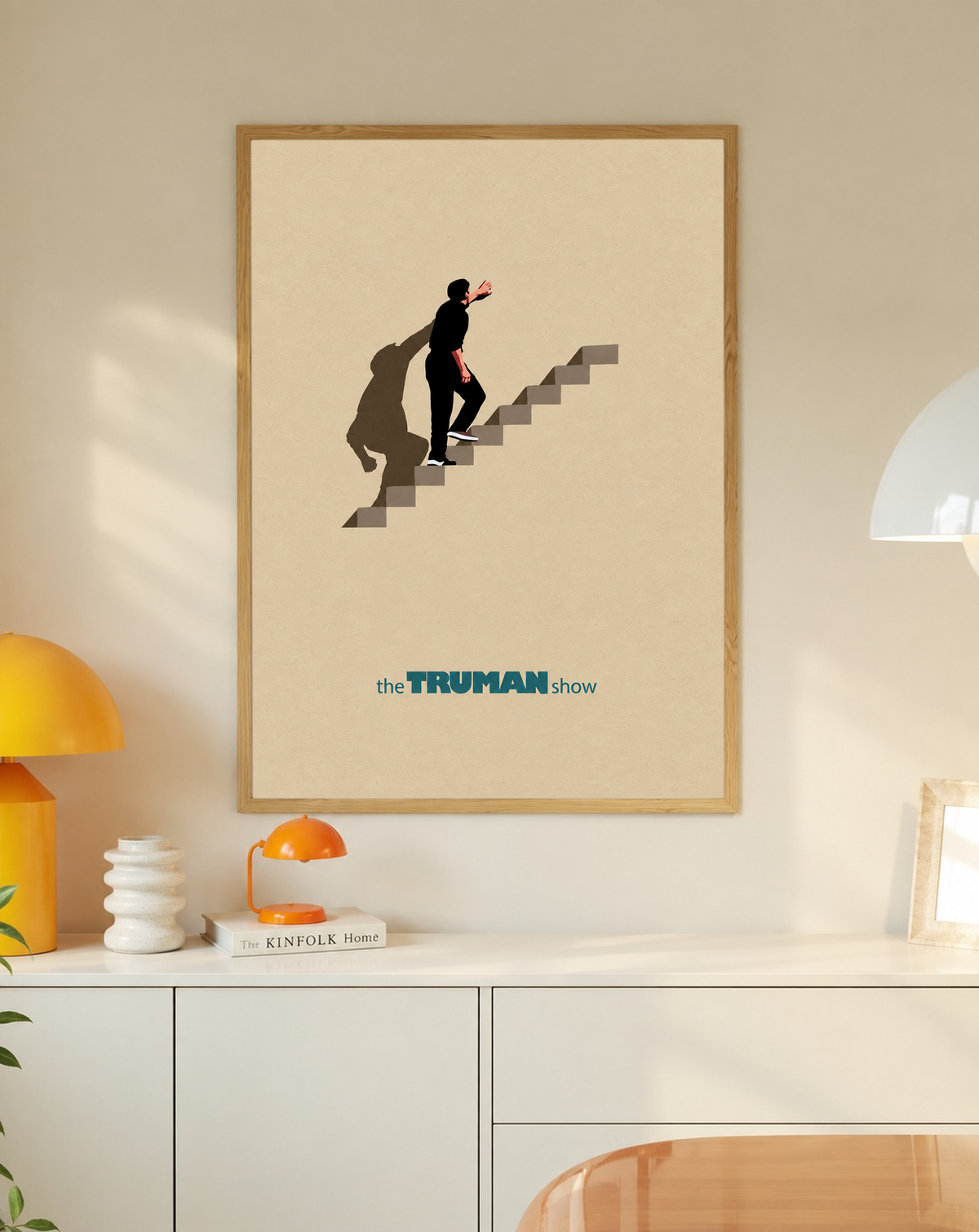 Oak-framed staircase poster with lone figure walking down stairs on beige background