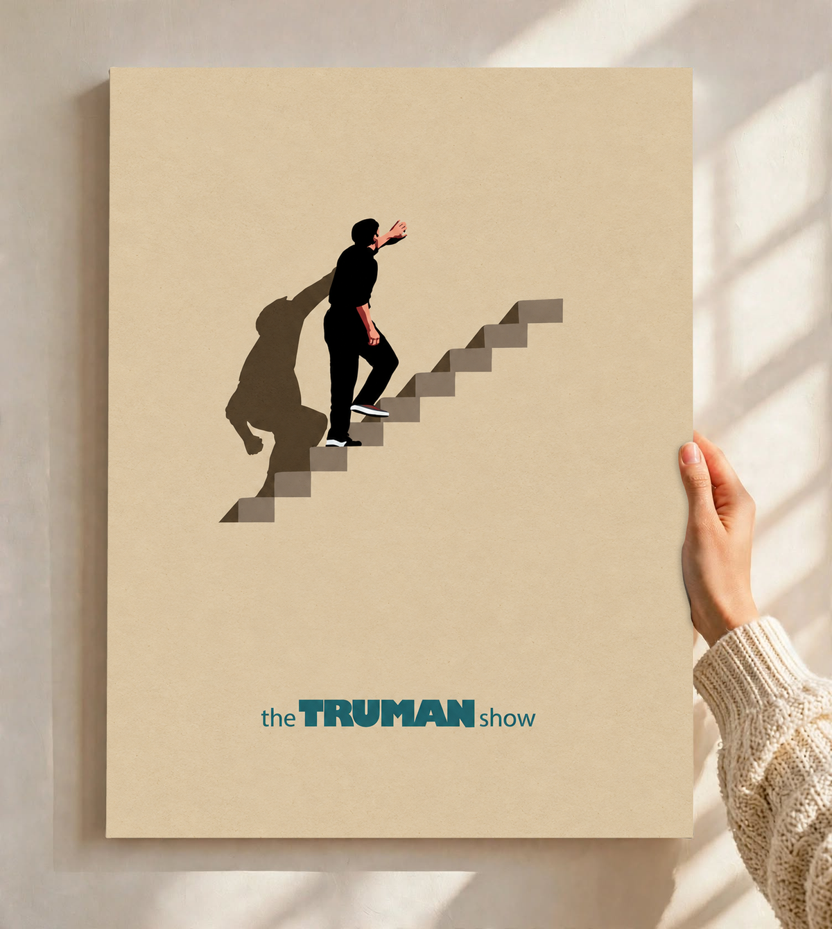 Unframed staircase poster with lone figure descending stairs on beige background