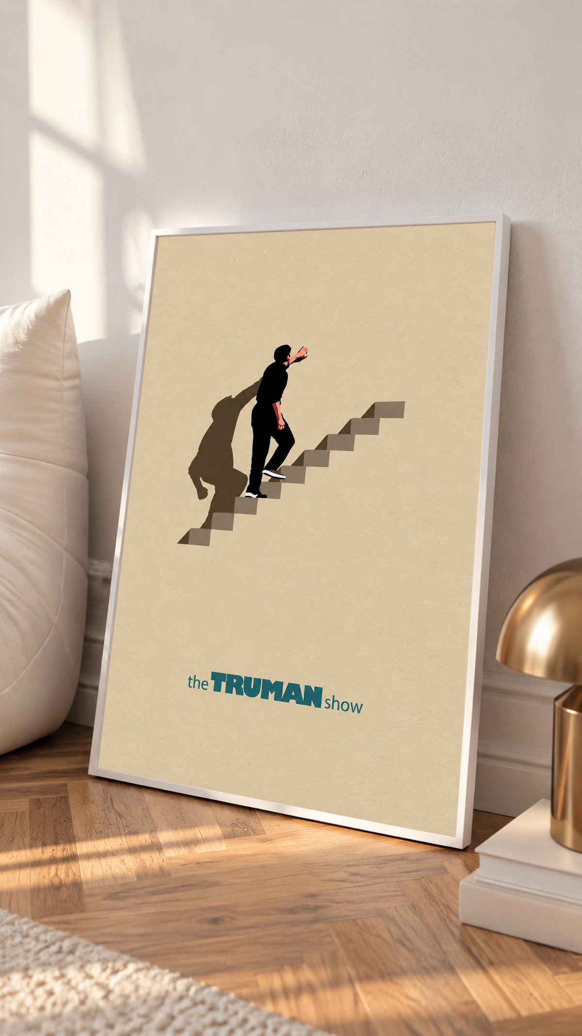 Unframed staircase poster with lone figure on steps, beige print on floor