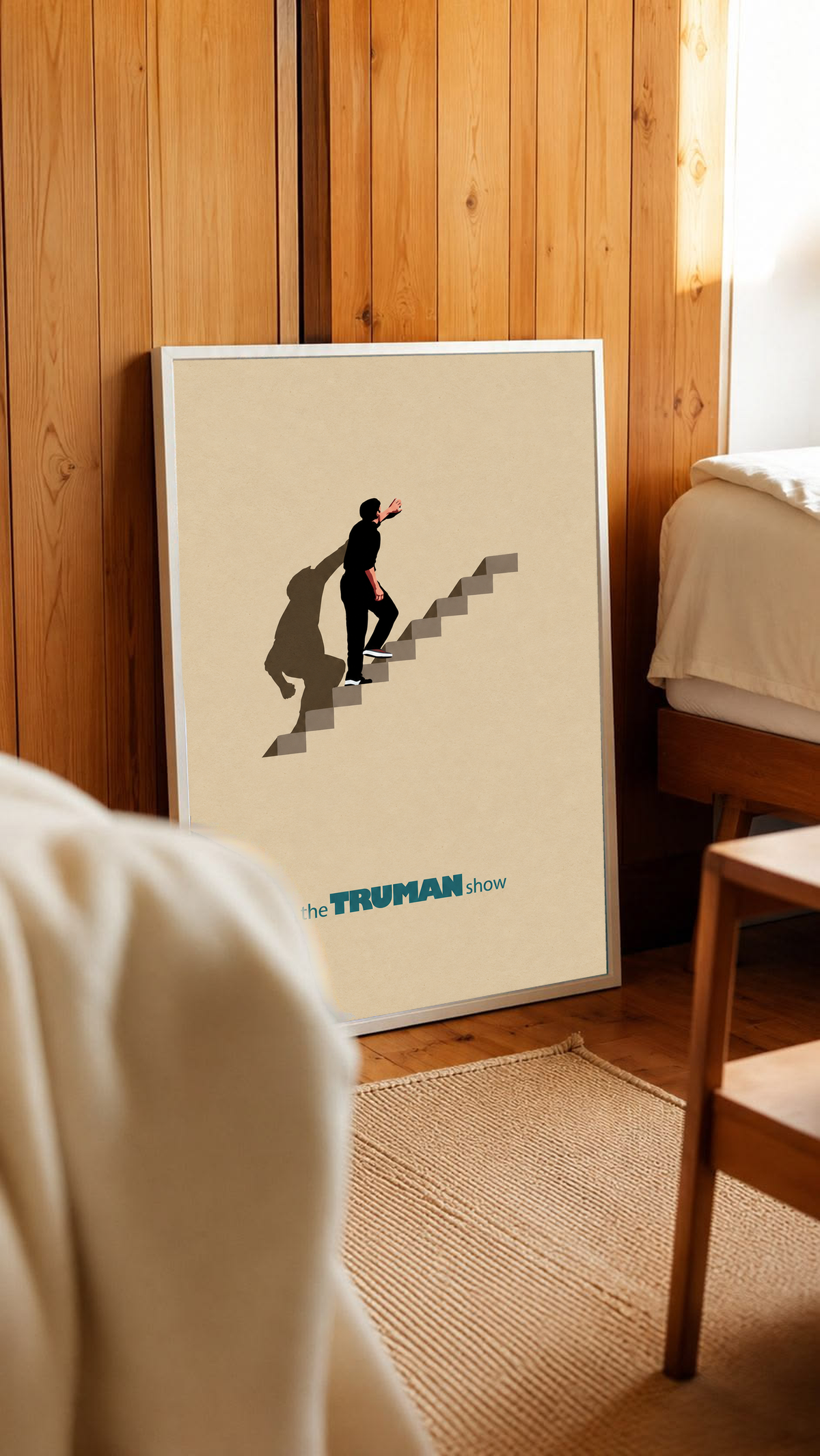 Beige staircase poster leaning against wood wall, lone figure on steps