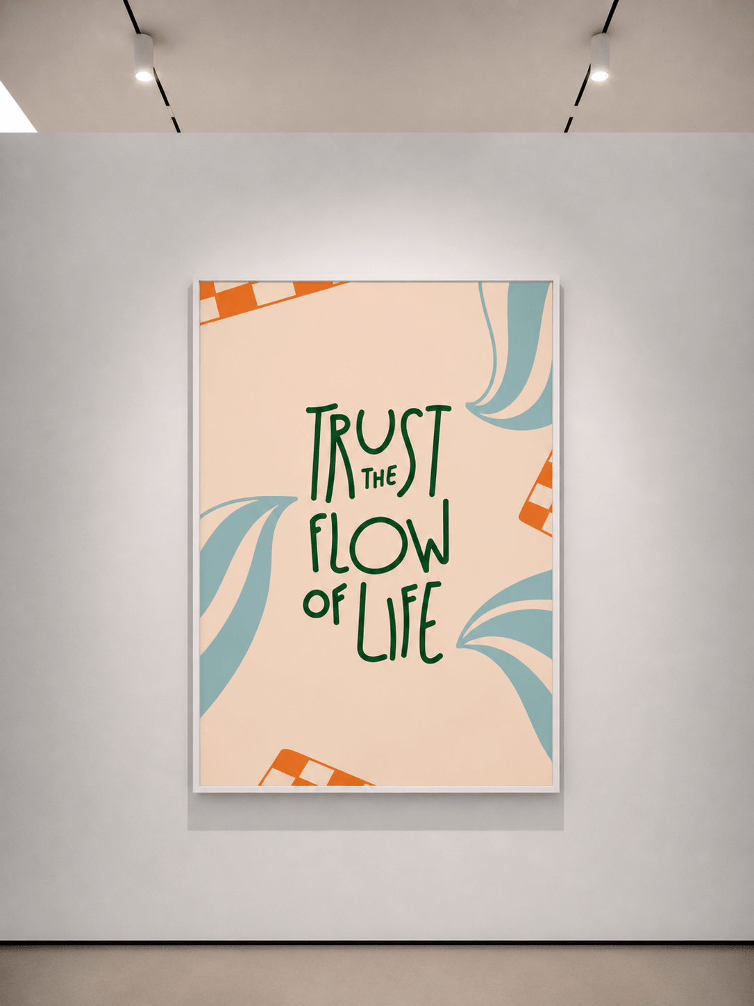 Poster tipografico con scritta verde “TRUST THE FLOW OF LIFE” e forme di foglie blu