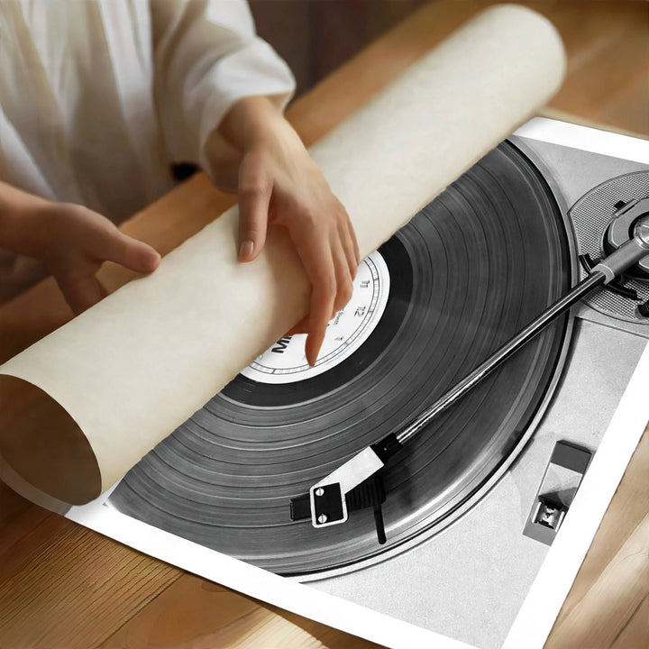 Vinyl Record Photography Art Print featuring a spinning record and stylized black and white photography
