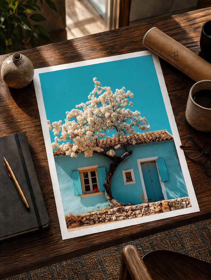 Blue house print with blooming tree and blue shutters, shown on a desk with white border