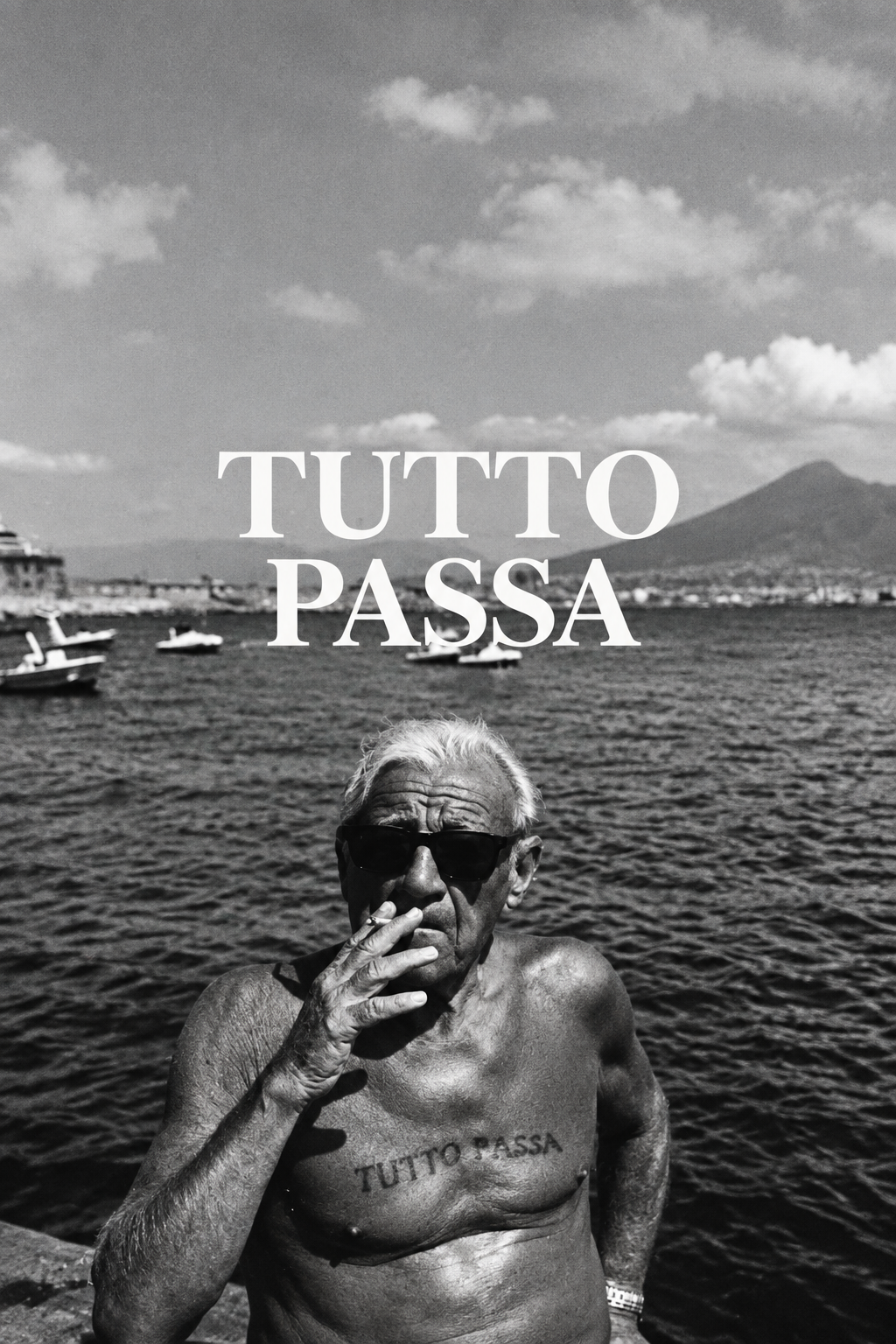 Black-and-white wall art close-up with “TUTTO PASSA” and man covering mouth
