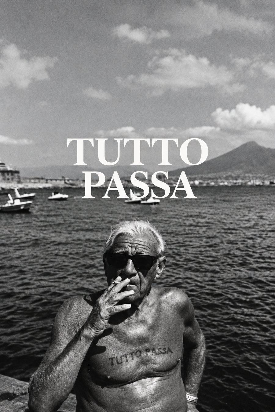 Black-and-white wall art close-up with “TUTTO PASSA” and man covering mouth