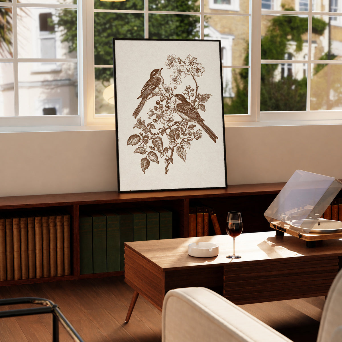 Two birds perched on a flowering branch with leaves and blossoms in sepia in a black frame on a wooden cabinet beside a window and record player
